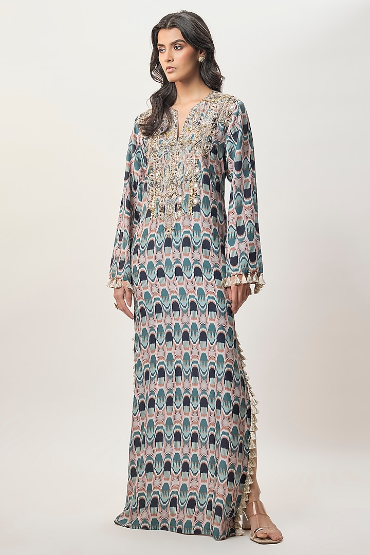 Blue Habutai Silk Printed & Embroidered Kaftan by Payal Singhal at Pernia's Pop Up Shop