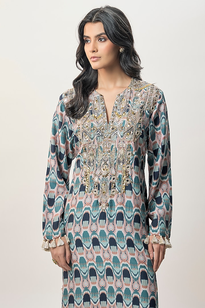 Blue Habutai Silk Printed & Embroidered Kaftan by Payal Singhal at Pernia's Pop Up Shop