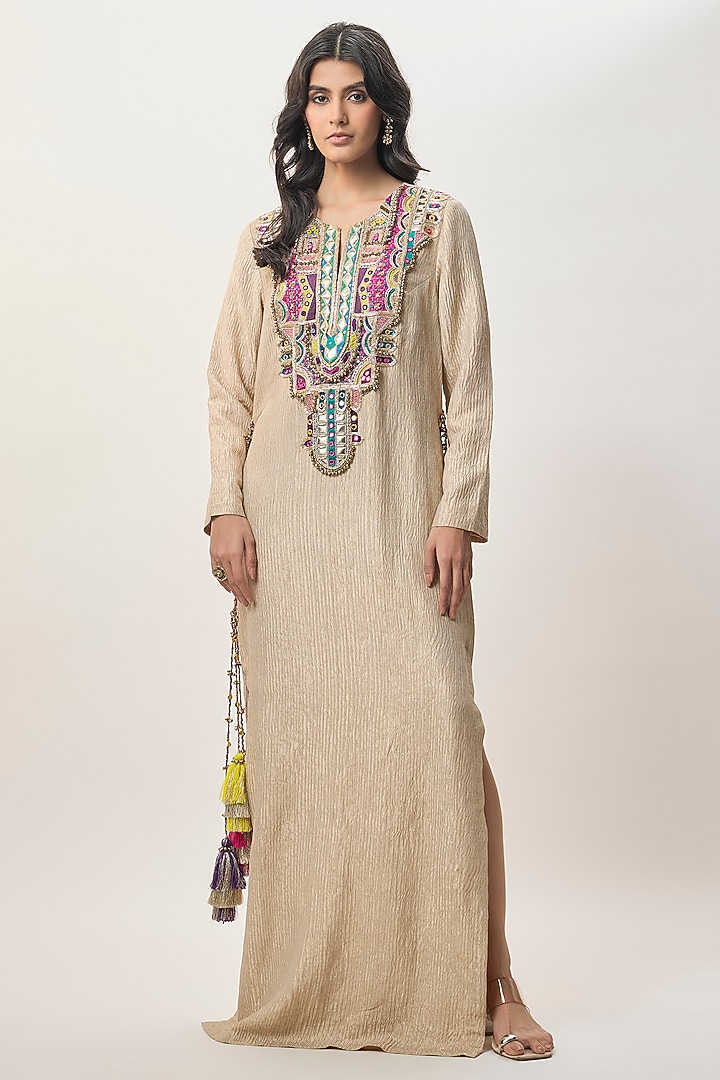 Beige Crushed Tissue Embroidered Kaftan by Payal Singhal at Pernia's Pop Up Shop