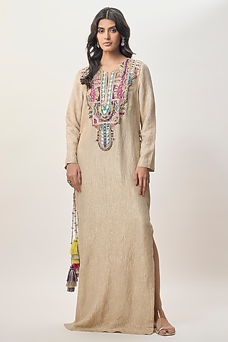 Beige Crushed Tissue Embroidered Kaftan by Payal Singhal
