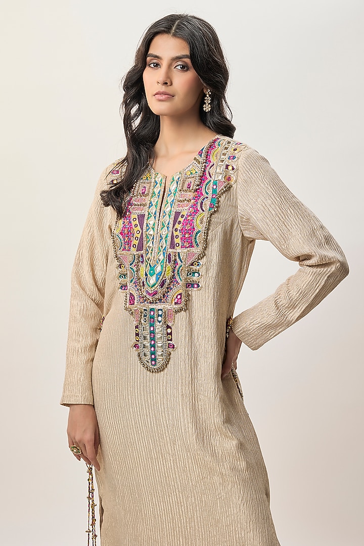 Beige Crushed Tissue Embroidered Kaftan by Payal Singhal at Pernia's Pop Up Shop
