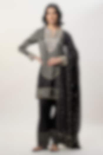 Black Stripe Tissue Embroidered Kurta Set by Payal Singhal at Pernia's Pop Up Shop