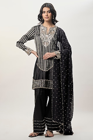 Black Stripe Tissue Embroidered Kurta Set by Payal Singhal