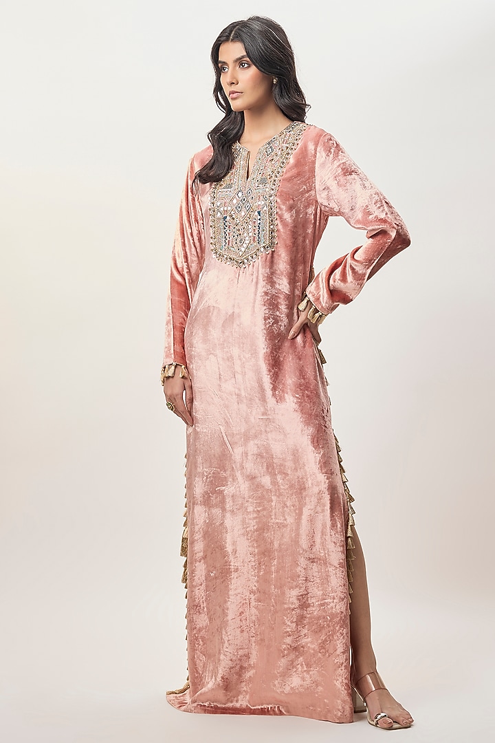 Rose Pink Velvet Embroidered Kaftan by Payal Singhal at Pernia's Pop Up Shop