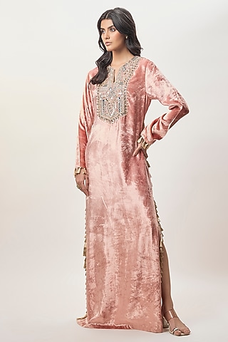 Rose Pink Velvet Embroidered Kaftan by Payal Singhal