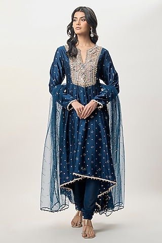 Navy Blue Mukaish Silkmul Embroidered Anarkali Set by Payal Singhal