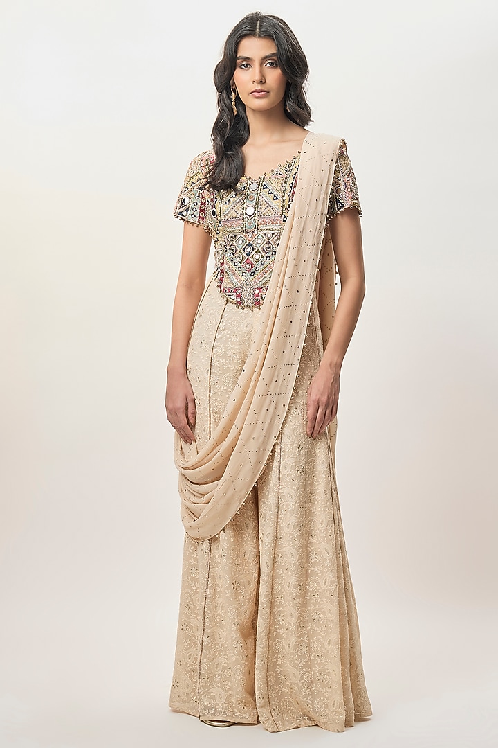 Beige Lucknowi Georgette Bridal Sharara Set by Payal Singhal at Pernia's Pop Up Shop
