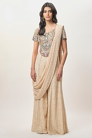 Beige Lucknowi Georgette Sharara Set by Payal Singhal