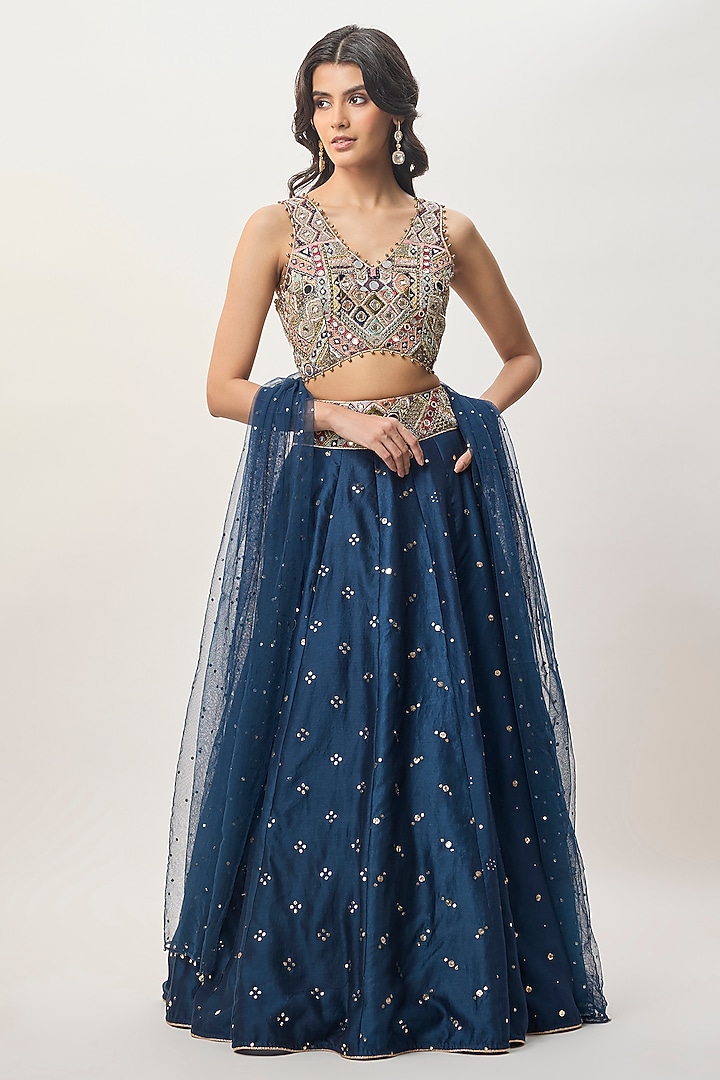 Navy Blue Silkmul Embroidered Wedding Lehenga Set by Payal Singhal at Pernia's Pop Up Shop