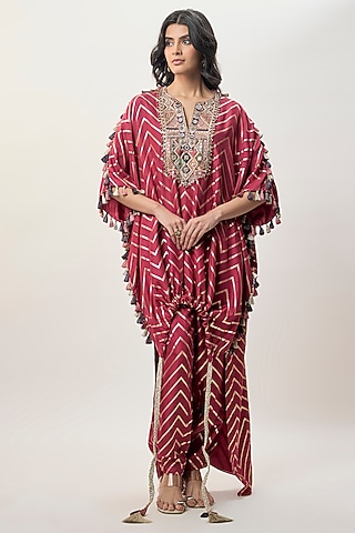 Red Dola Silk Mirror Embroidered Kaftan Set by Payal Singhal