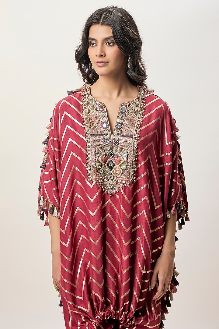 Red Dola Silk Mirror Embroidered Kaftan Set by Payal Singhal at Pernia's Pop Up Shop