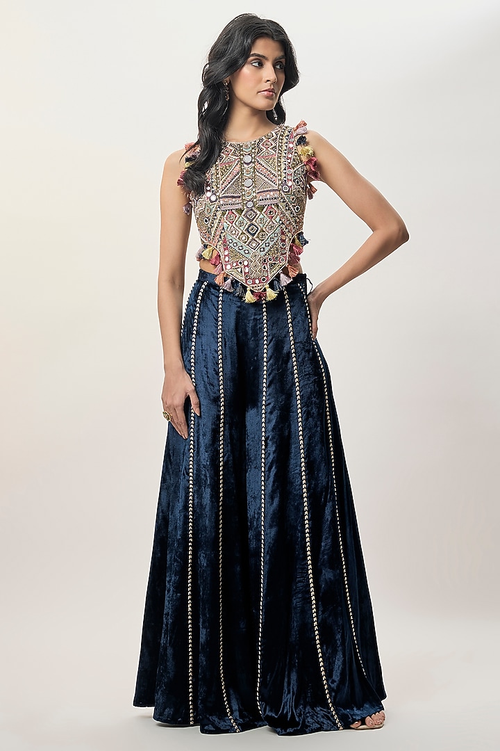 Navy Blue Velvet Wedding Sharara Set by Payal Singhal at Pernia's Pop Up Shop