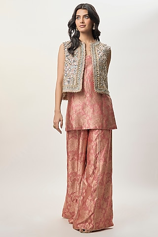 Rust Pink Banarasi Brocade Kurta Set by Payal Singhal