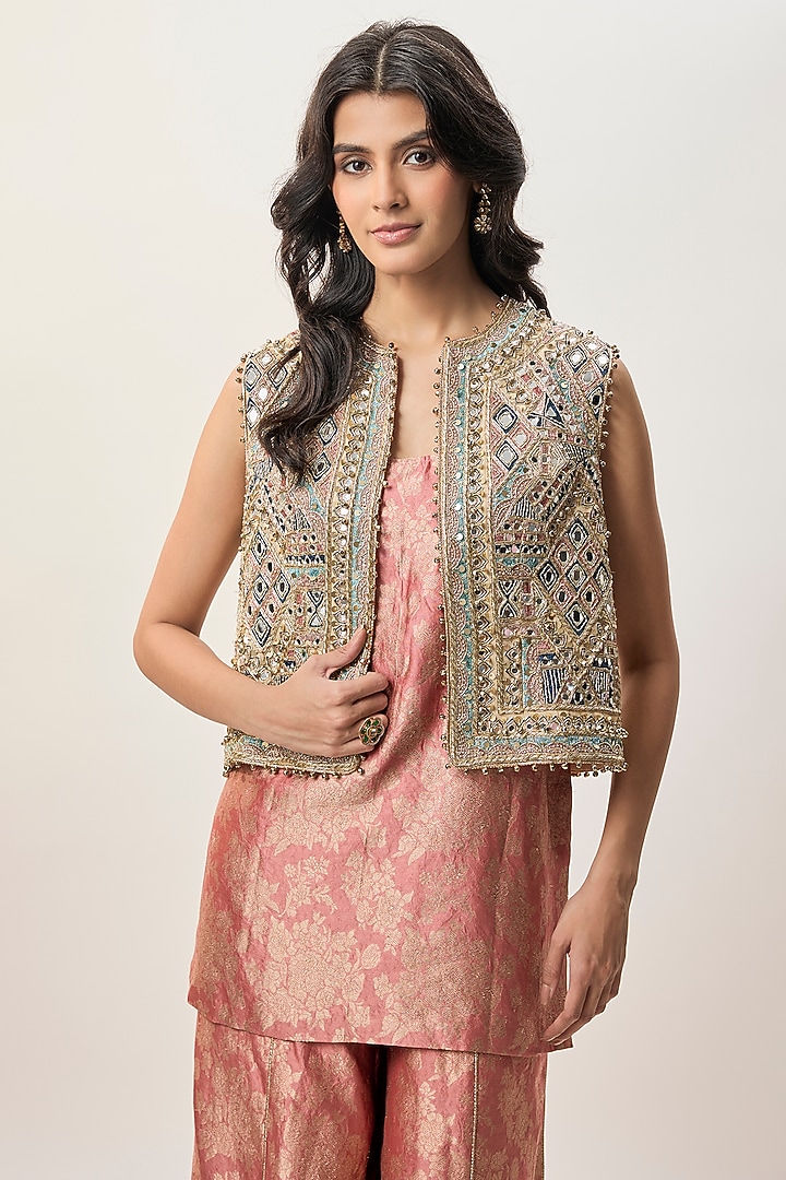 Rust Pink Banarasi Brocade Kurta Set by Payal Singhal at Pernia's Pop Up Shop