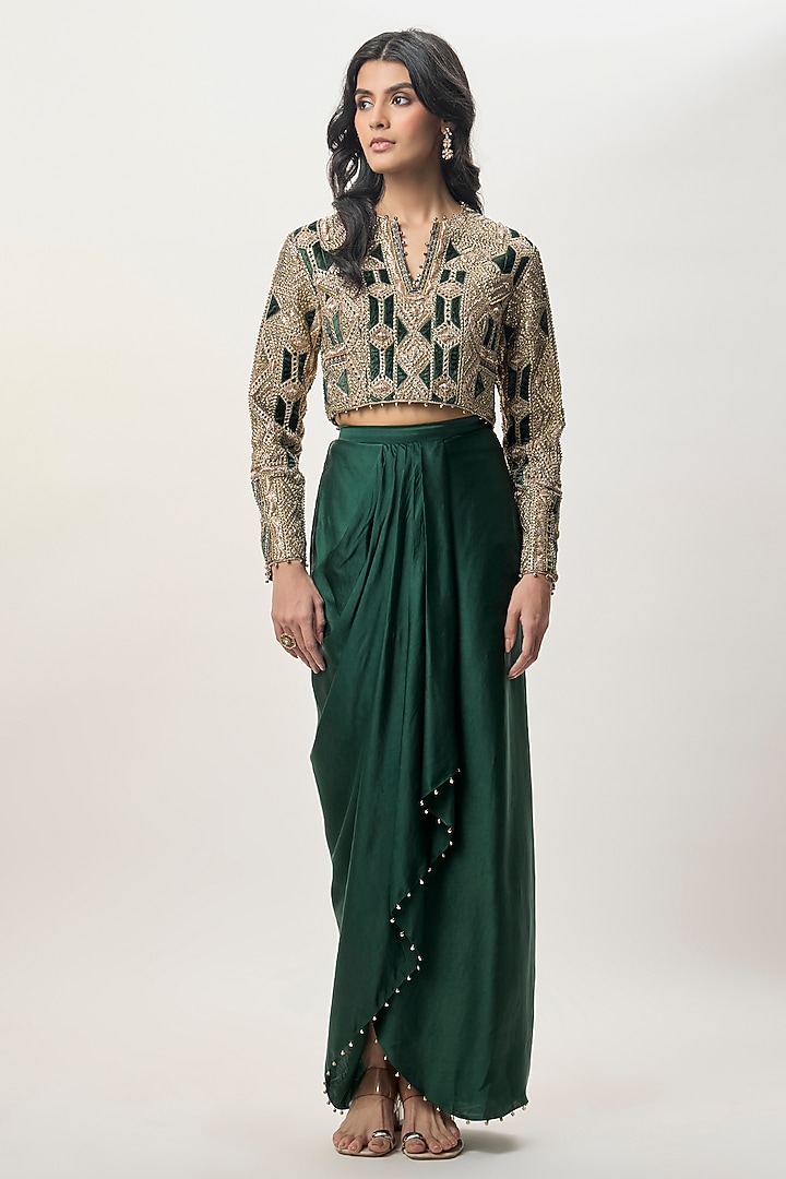 Emerald Green Modal Satin Draped Skirt Set by Payal Singhal at Pernia's Pop Up Shop