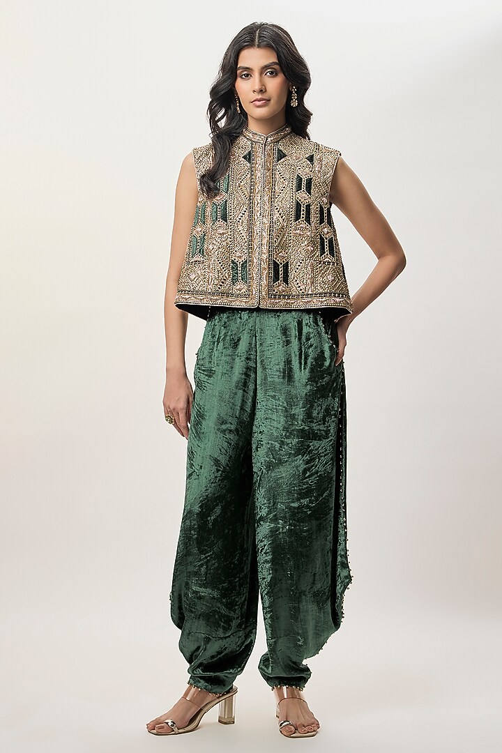 Emerald Green Georgette Embroidered Jacket Set by Payal Singhal at Pernia's Pop Up Shop