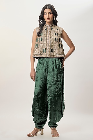 Emerald Green Georgette Embroidered Jacket Set by Payal Singhal