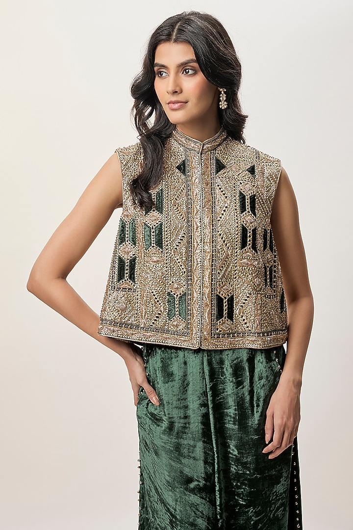 Emerald Green Georgette Embroidered Jacket Set by Payal Singhal at Pernia's Pop Up Shop