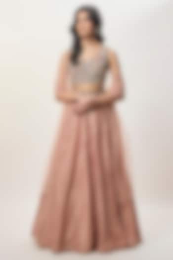 Peachy Pink Silk Embroidered Wedding Lehenga Set by Payal Singhal at Pernia's Pop Up Shop