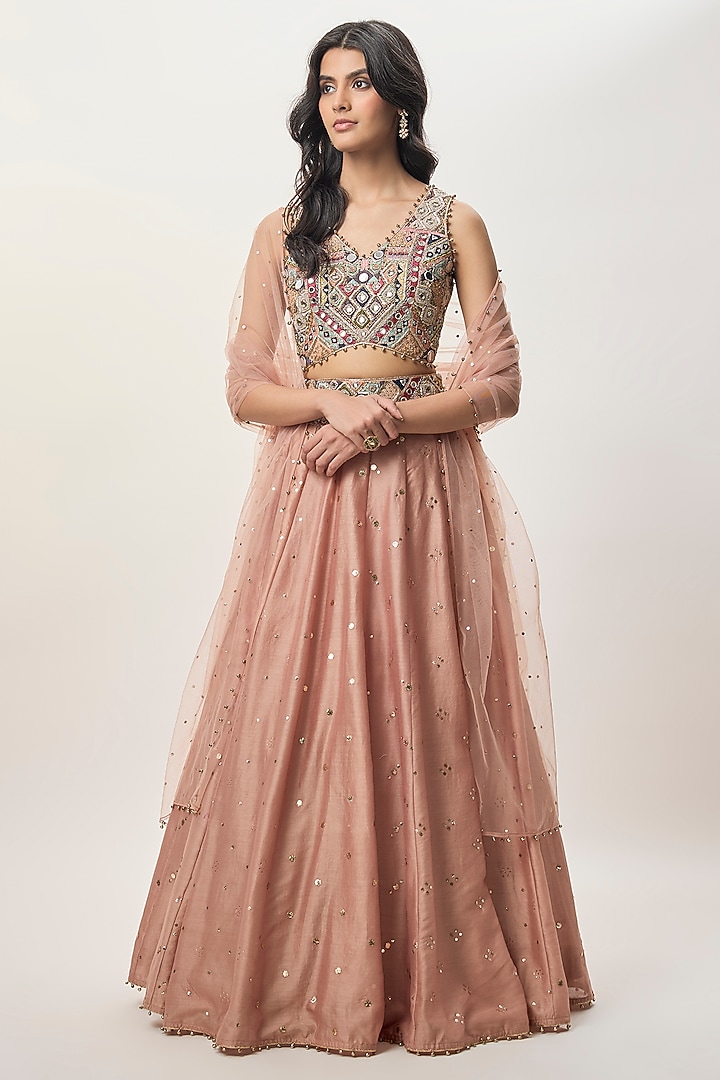 Peachy Pink Silk Embroidered Wedding Lehenga Set by Payal Singhal at Pernia's Pop Up Shop