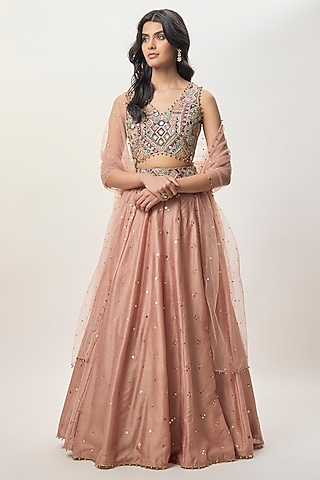 Peachy Pink Silk Embroidered Lehenga Set by Payal Singhal