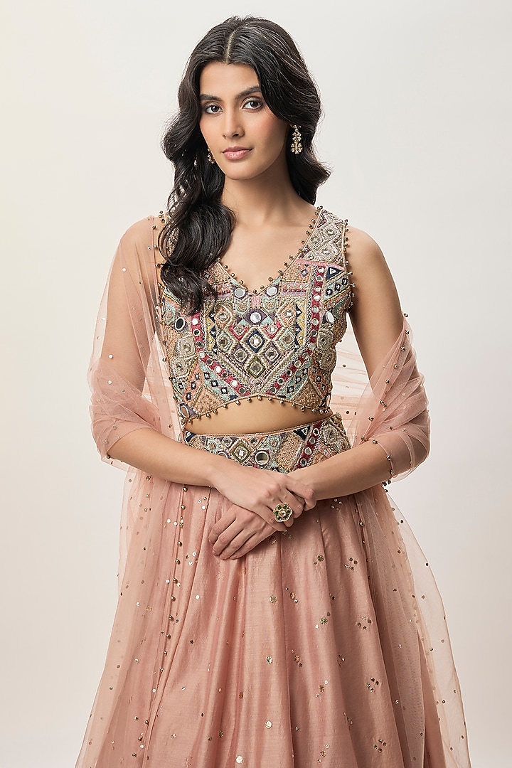 Peachy Pink Silk Embroidered Wedding Lehenga Set by Payal Singhal at Pernia's Pop Up Shop