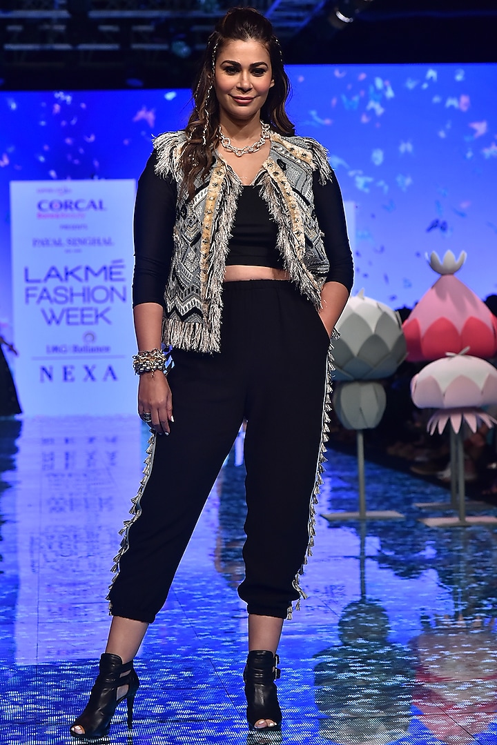 Pale Blue Embroidered Jacket With Black Pants & Top by Payal Singhal
