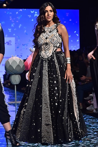 Stone Embroidered Blouse With Black Lehenga by Payal Singhal