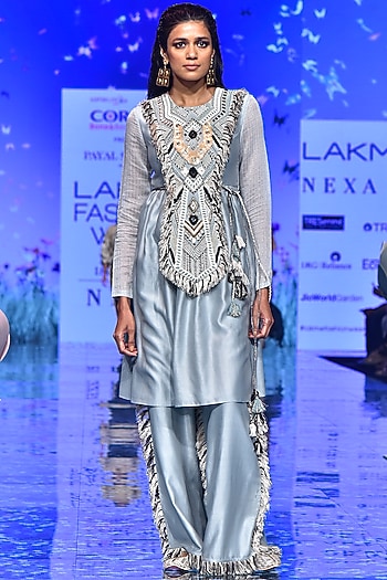 Pale Blue Embroidered Kurta With Palazzo Pants by Payal Singhal at Pernia's Pop Up Shop