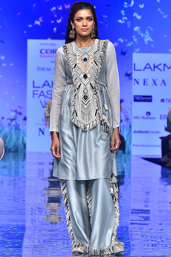 Pale Blue Embroidered Kurta With Palazzo Pants by Payal Singhal