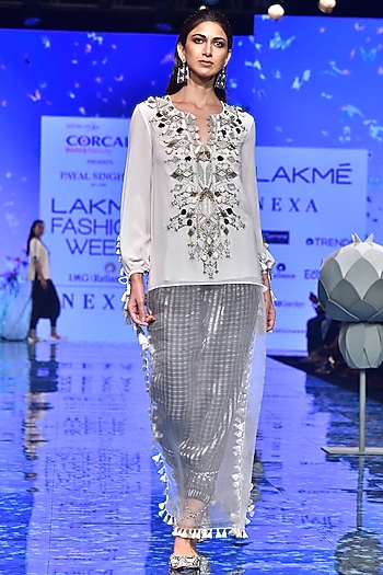 Chalk White Embroidered Kaftan Tunic With Black Pants by Payal Singhal at Pernia's Pop Up Shop