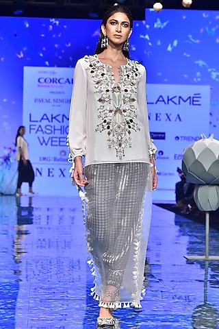 Chalk White Embroidered Kaftan Tunic With Black Pants by Payal Singhal