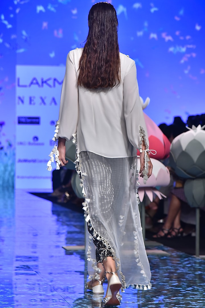 Chalk White Embroidered Kaftan Tunic With Black Pants by Payal Singhal at Pernia's Pop Up Shop