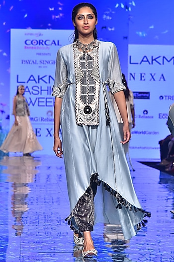Pale Blue Embroidered Kurta With Black Striped Pants by Payal Singhal at Pernia's Pop Up Shop