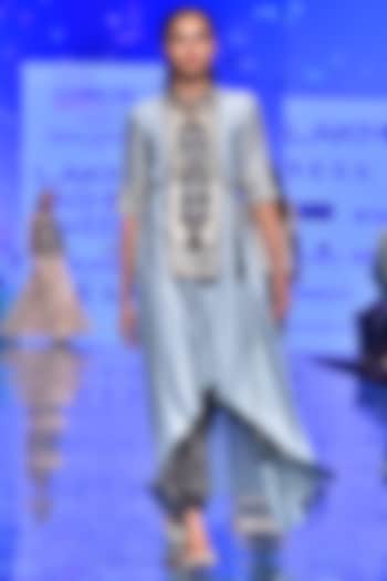 Pale Blue Embroidered Kurta With Black Striped Pants by Payal Singhal