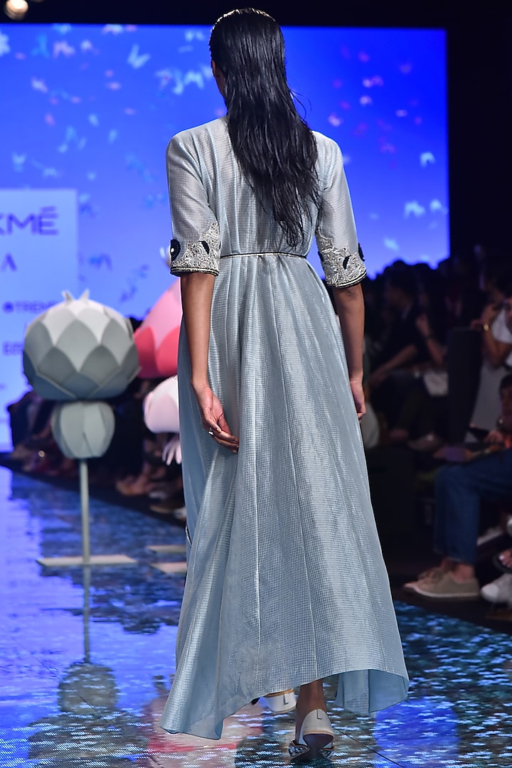 Pale Blue Embroidered Kurta With Black Striped Pants by Payal Singhal at Pernia's Pop Up Shop