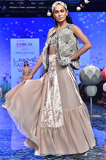 Stone Velvet & Chanderi Asymmetric Jacket Wedding Lehenga Set by Payal Singhal at Pernia's Pop Up Shop