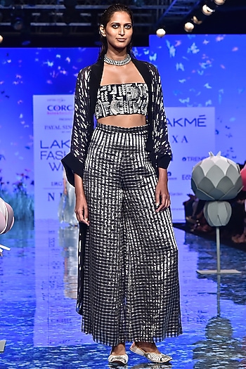 Black Embroidered Bustier With Jacket & Pants by Payal Singhal at Pernia's Pop Up Shop