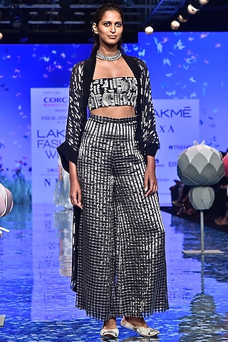 Black Embroidered Bustier With Jacket & Pants by Payal Singhal