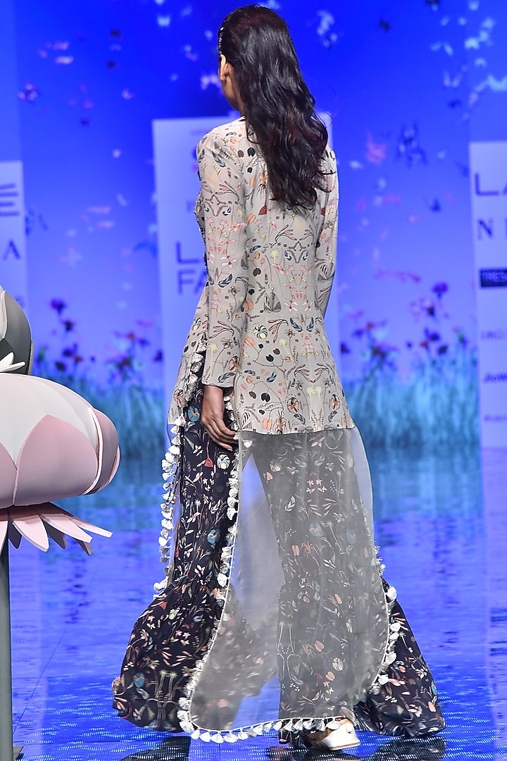 Black Organza & Crepe Forest Printed Wedding Sharara Set by Payal Singhal at Pernia's Pop Up Shop