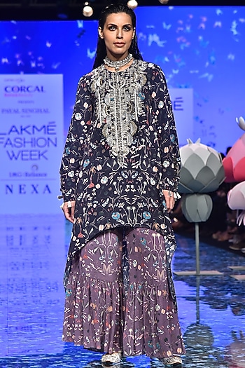 Black Printed & Embroidered Kurta With Purple Pants by Payal Singhal at Pernia's Pop Up Shop