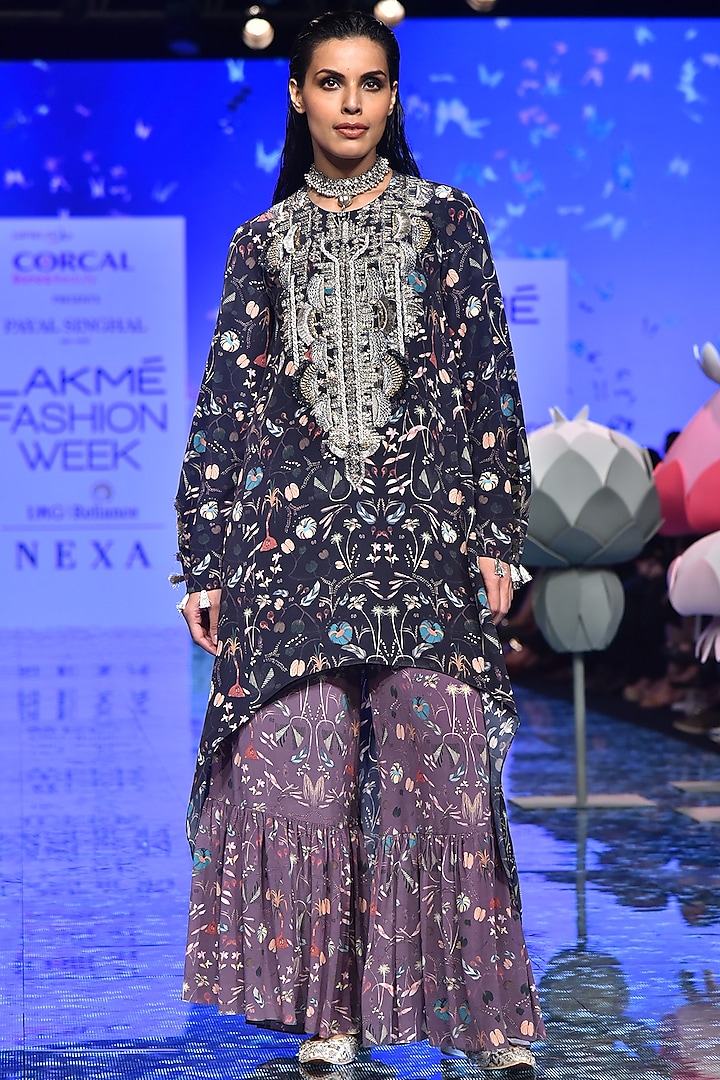 Black Printed & Embroidered Kurta With Purple Pants by Payal Singhal
