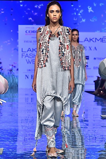 Chalk White Embroidered Jacket With Pale Blue Kurta & Pants by Payal Singhal at Pernia's Pop Up Shop