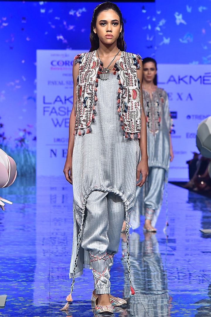Chalk White Embroidered Jacket With Pale Blue Kurta & Pants by Payal Singhal