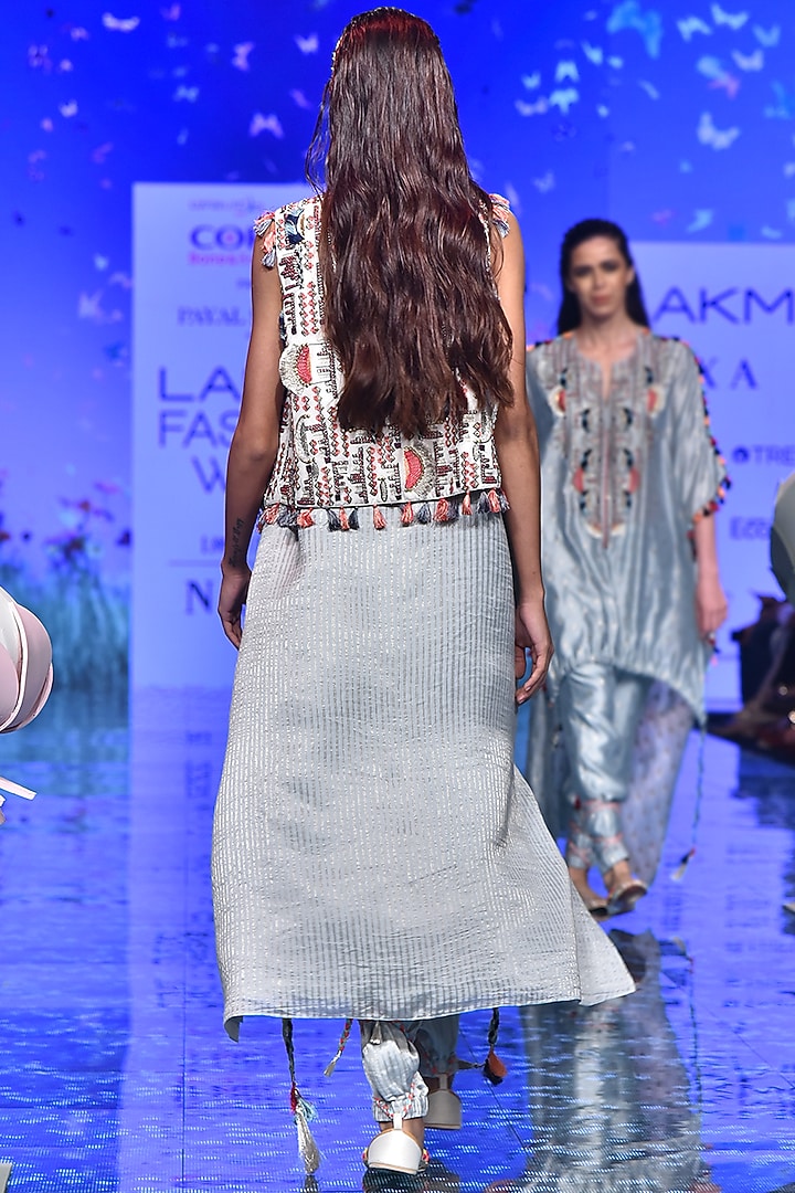 Chalk White Embroidered Jacket With Pale Blue Kurta & Pants by Payal Singhal at Pernia's Pop Up Shop