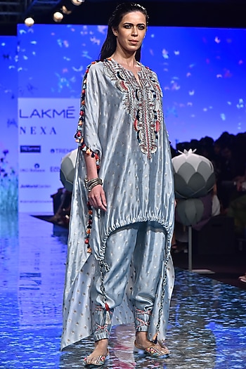 Pale Blue Embroidered Kaftan With Jogger Pants by Payal Singhal at Pernia's Pop Up Shop