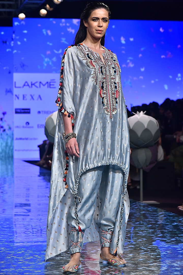 Pale Blue Embroidered Kaftan With Jogger Pants by Payal Singhal