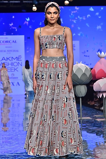 Grey Embroidered Blouse With Bridal Lehenga by Payal Singhal at Pernia's Pop Up Shop