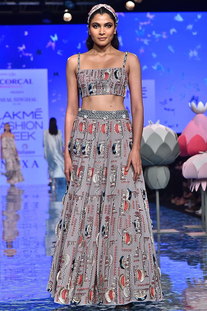 Grey Embroidered Blouse With Bridal Lehenga by Payal Singhal at Pernia's Pop Up Shop