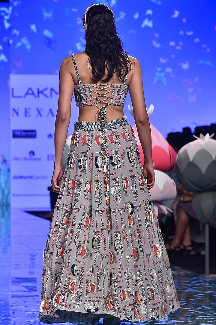 Grey Embroidered Blouse With Bridal Lehenga by Payal Singhal at Pernia's Pop Up Shop